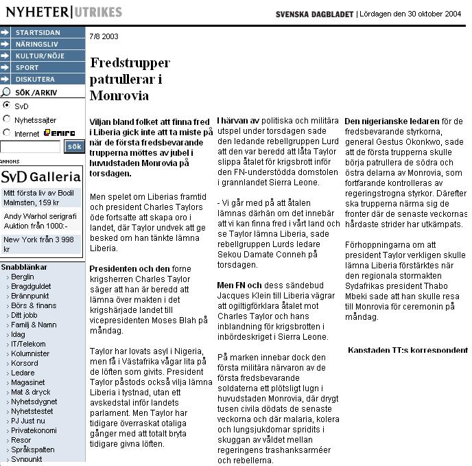 Nyheter Utrikes Sweden August 07, 2003